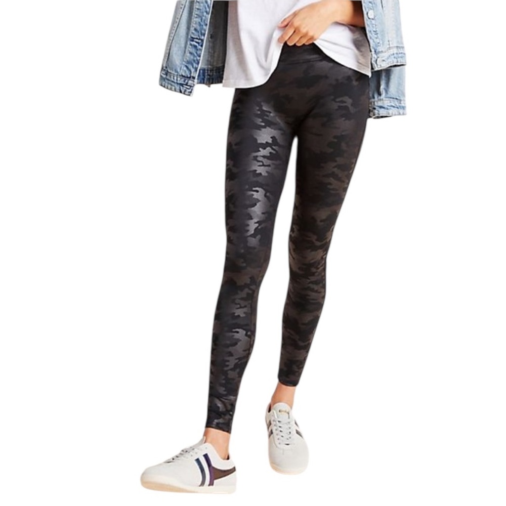 STELLA LUCE FAUX LEATHER CAMO BLACK LEGGING PANTS L